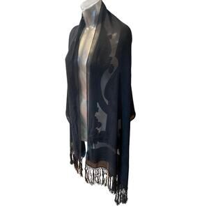 RALPH LAUREN Black Silk Long Scarf w Fringe ELEGANT Semi Sheer Damask Piano NWT